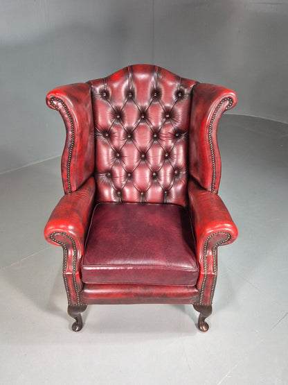 Vintage Wing Back Lounge Chair Red Leather Chesterfield Queen Anne EB7807 VCHE