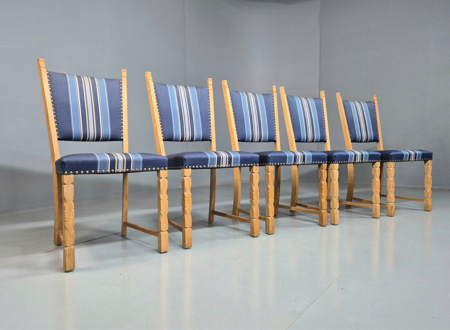 5 Vintage Danish Dining Chairs Blue Wool Oak Frames Kjaernulf Style EB8300 MDIN