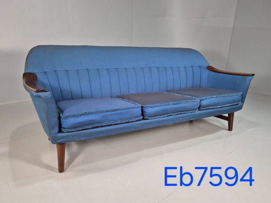 Vintage Swedish 3 Seat Sofa Blue Cotton Wood Arms 1960 Retro MCM EB7594 M3SS