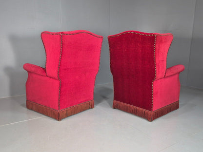 Pair Vintage Danish Wing Back Red Velour Studded Armchairs EB8059 VCLO