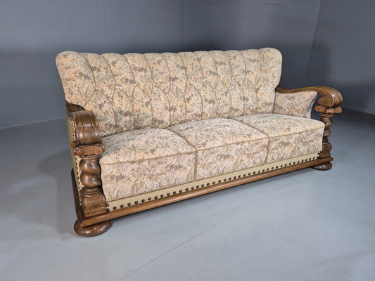 Vintage Danish Shell Back 3 Seat Sofa Carved Oak Frame Floral EB8073 V3SS