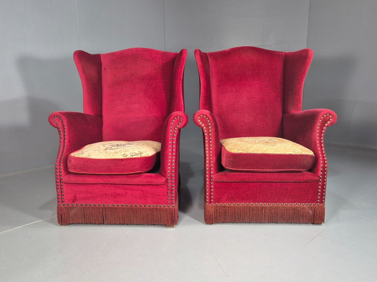 Pair Vintage Danish Wing Back Red Velour Studded Armchairs EB8059 VCLO