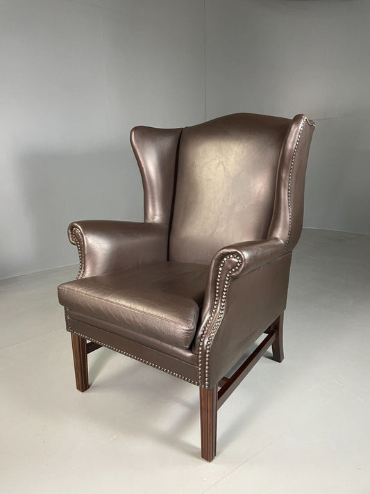 EB6678 Vintage Danish Wingback Lounge Chair Brown Leather Georgian Style MNOR