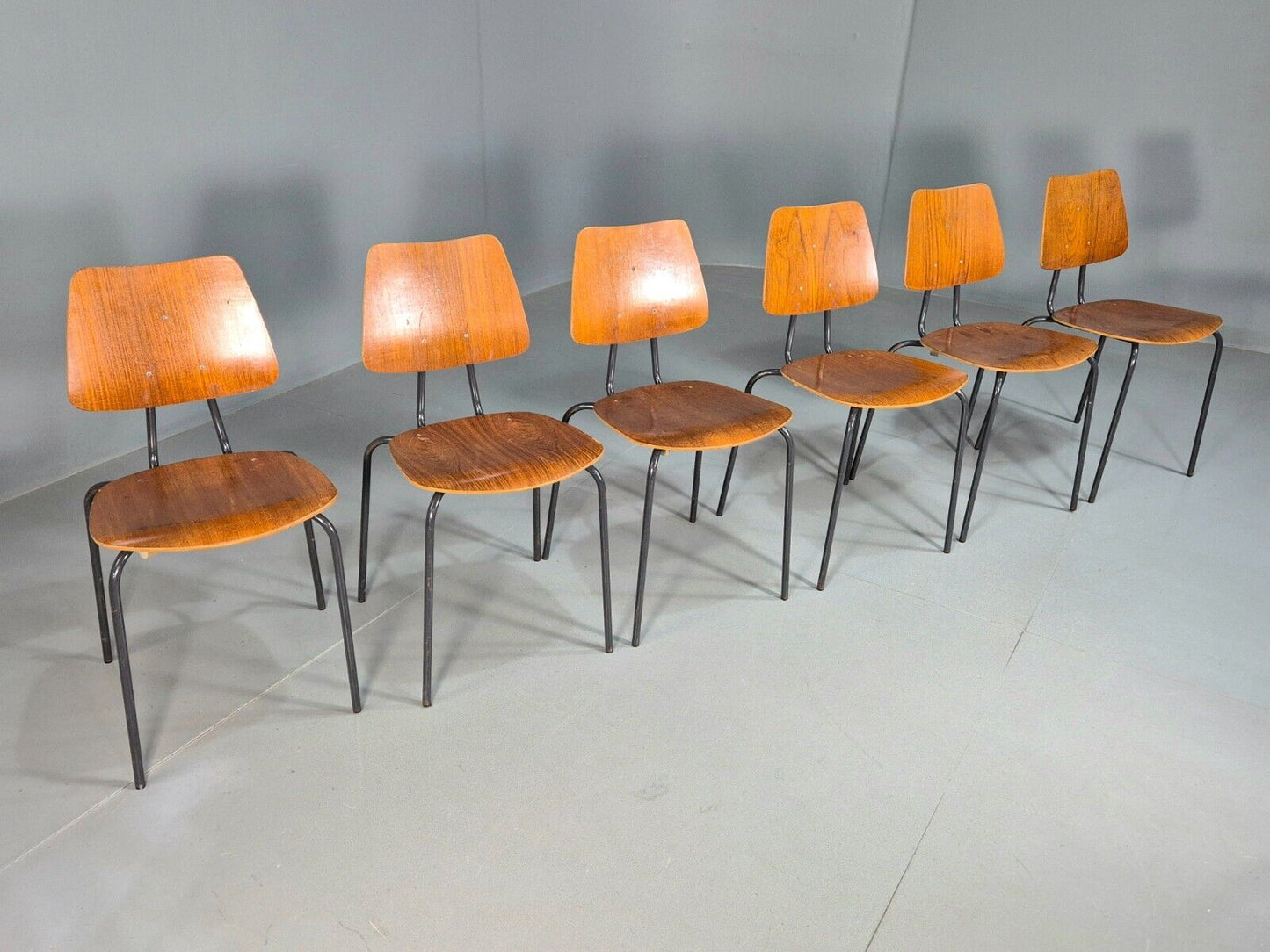 6 Vintage Danish Stacking Chairs Teak Plywood Steel Frame 1960 Retro EB8377 MSTA