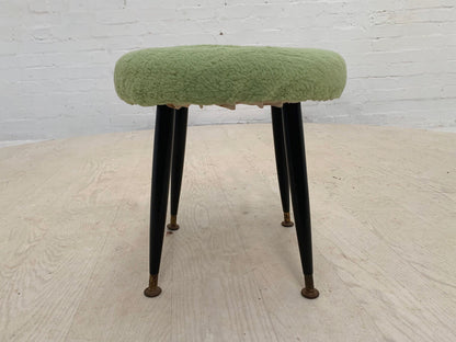 EB3884 Danish Green Faux Fur Footstool with Black Legs Retro Vintage MFOO