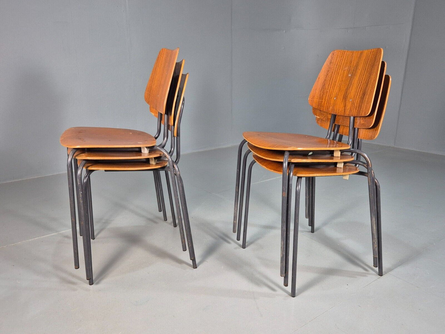 6 Vintage Danish Stacking Chairs Teak Plywood Steel Frame 1960 Retro EB8379 MSTA