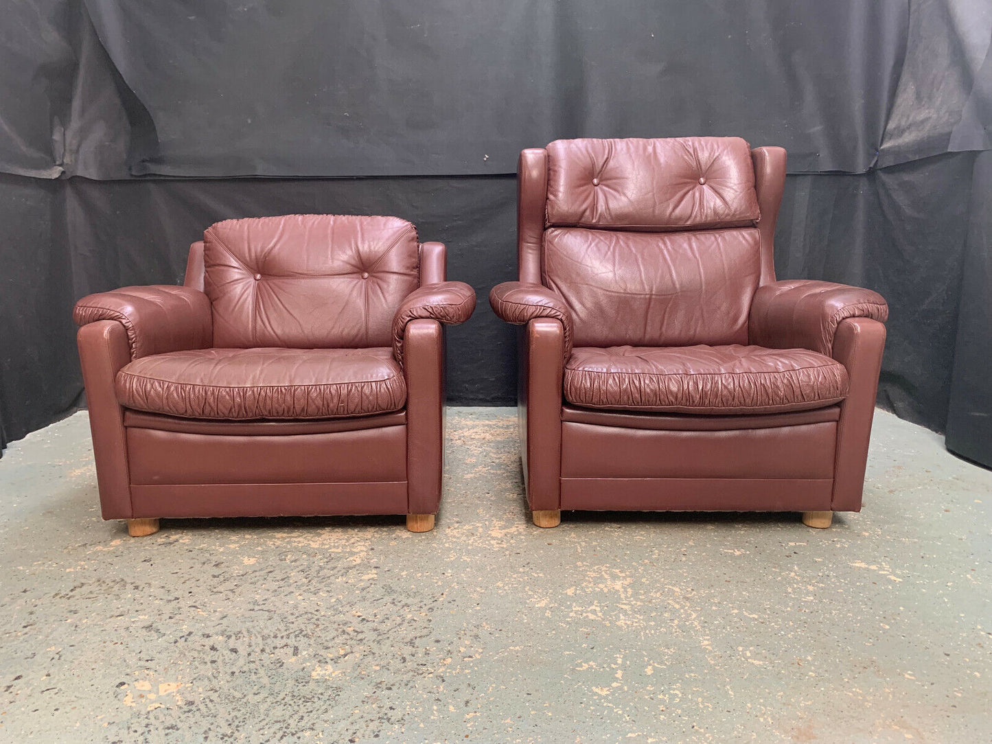 EB1730 Pair of Danish Brown Leather High & Low Back Lounge Chairs Vintage VLEA