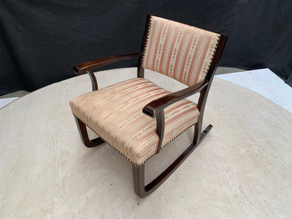 EB2913 Danish Stained Beech & Pink Striped Fabric Rocking Chair Vintage VCLO