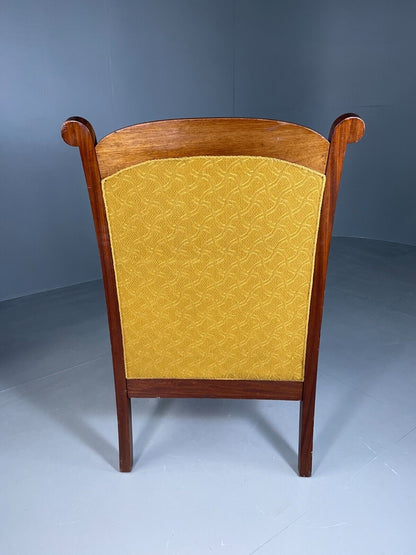 EB6584 Vintage Danish Lounge Chair Yellow Moquette Mahogany Antique Throne VCLO