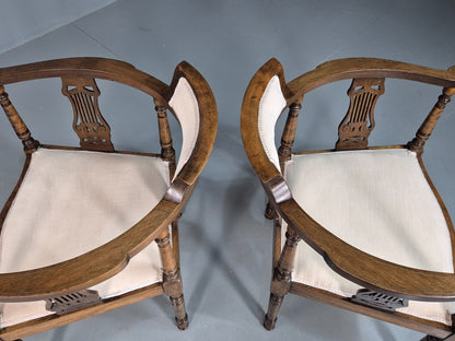 2 Vintage Lounge Chairs White Calico Fruitwood Inlay Edwardian EB8171 VCLO