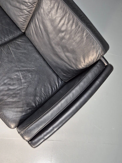 Vintage Danish 2 Seat Sofa Black Leather High Arms 1980s Retro MCM  EB8623 M2SS