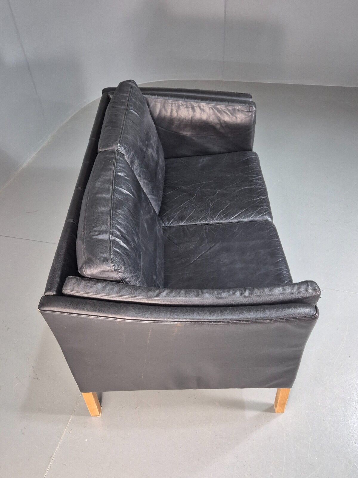 Vintage Danish 2 Seat Sofa Black Leather 1980s Retro MCM EB7625 M2SS