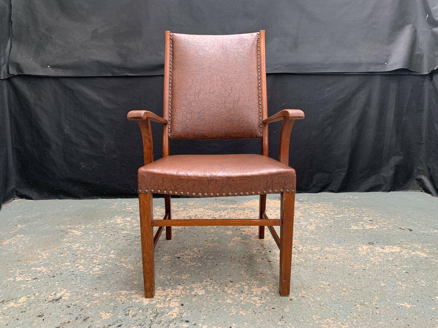 EB1949 Danish Oak & Brown Vinyl High-Back Arm Chair Elbow Desk Vintage VDIN