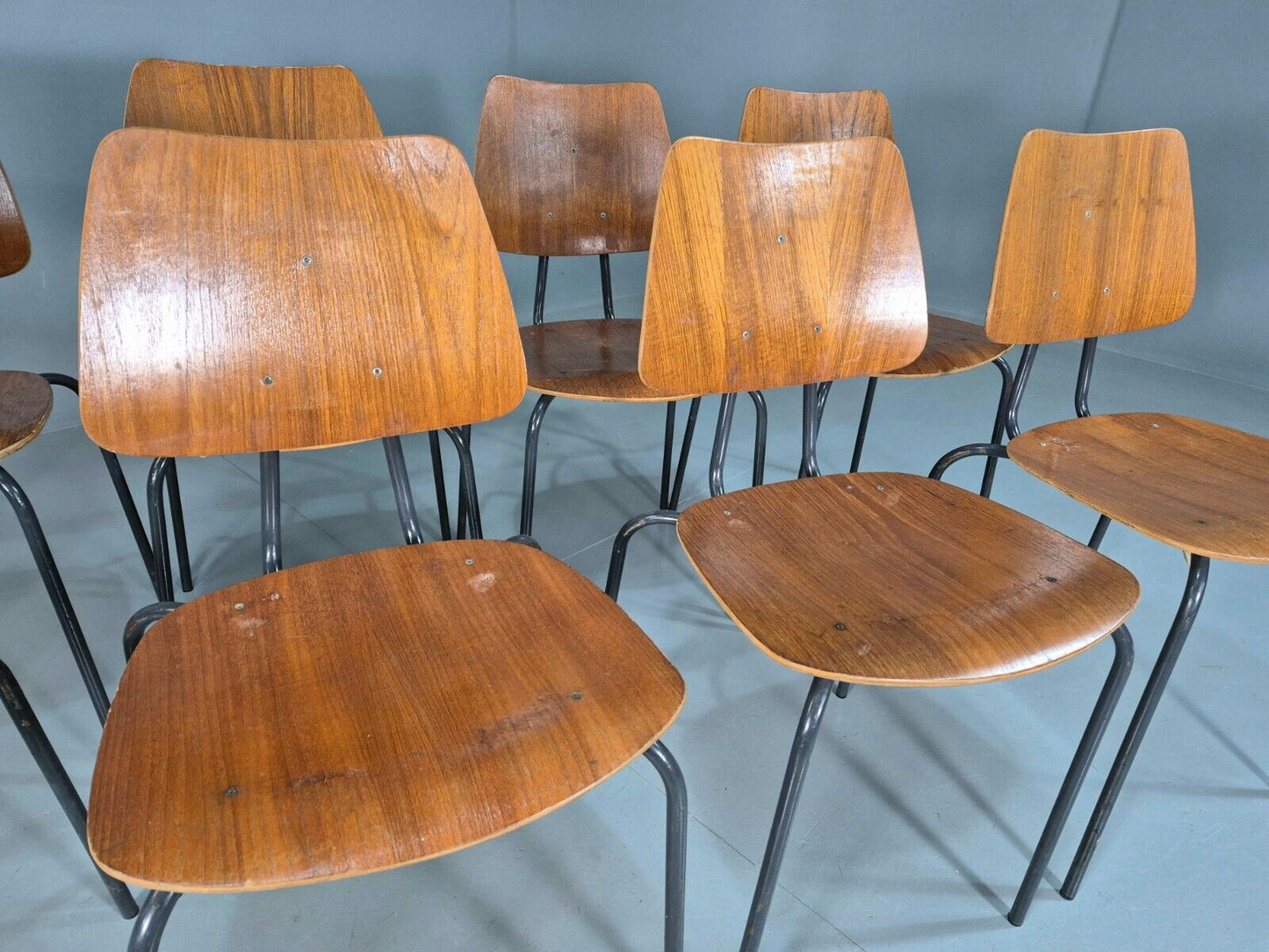 8 Vintage Danish Stacking Chairs Teak Plywood Steel Frame 1960 Retro EB8374 MSTA