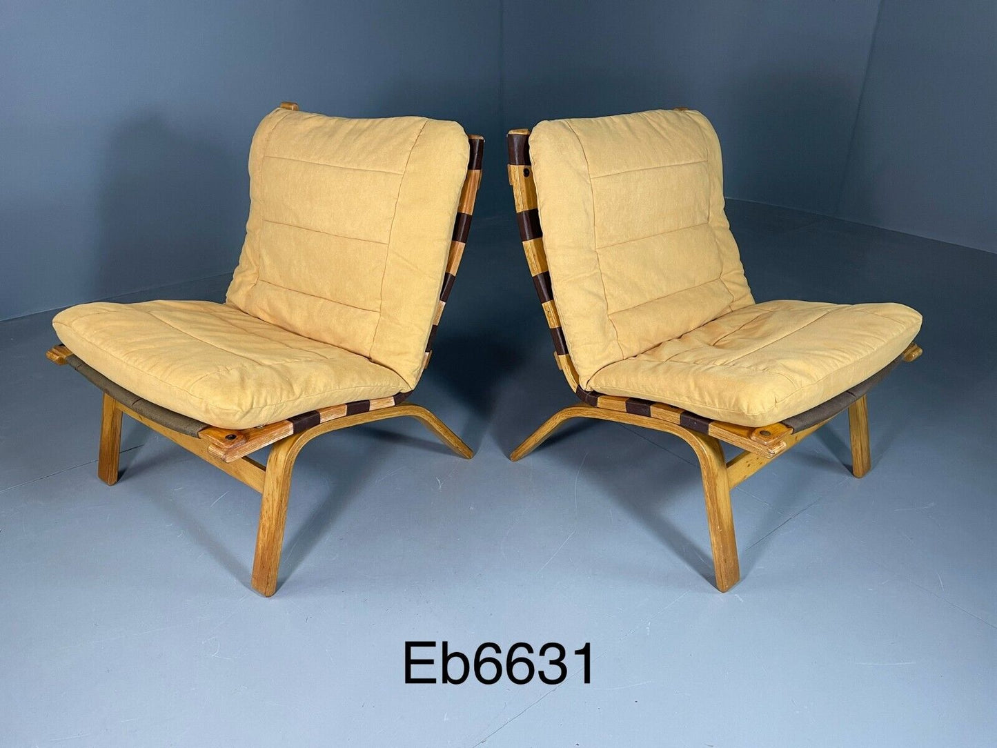 EB6631 2 Vintage Danish Lounge Chairs Yellow Cotton Bentwood Retro MCM MBEN