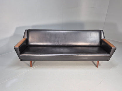 Vintage Danish Sofa Bed Black Vinyl Teak Paws Legs Reupholstery MCM EB7273 M4SS