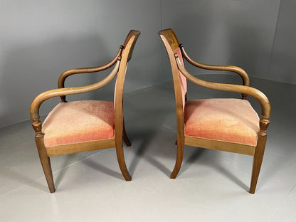 EB6727 2 Vintage Danish Lounge Chairs Beech Wood Pink Velour Antique Empire VCLO