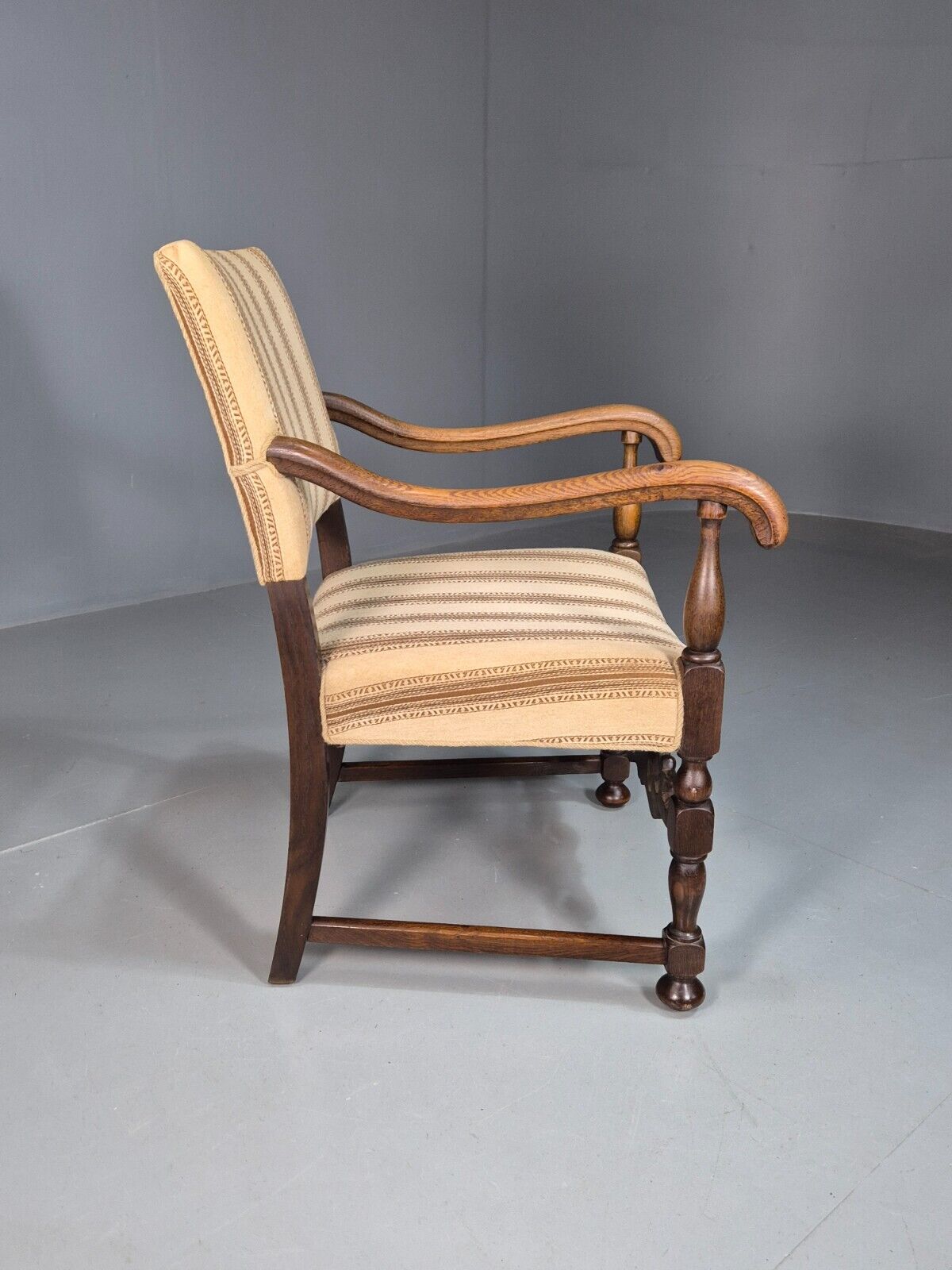 Vintage Danish Elbow Chair Cream Stripe Oak Frame 1950s Repro EB8084 VDIN