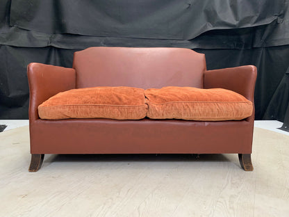 EB2609 1930s Brown Vinyl & Orange Velour Two Seater Sofa Mid-Century Modern M2SS