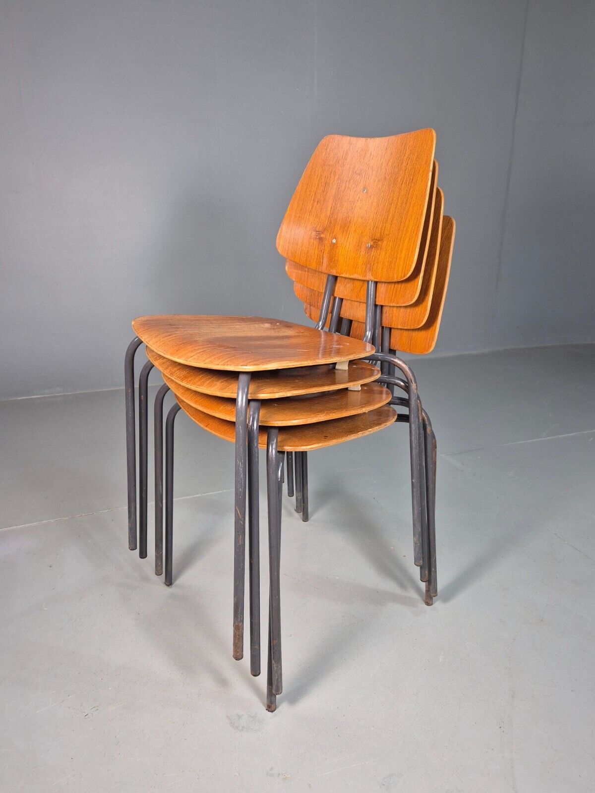 4 Vintage Danish Stacking Chairs Teak Plywood Steel Frame 1960 Retro EB8365 MSTA