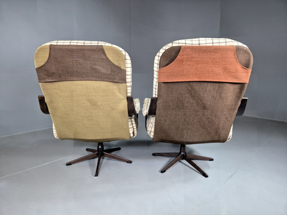 2 Vintage Swivel Chairs Cream Checkered Wool Bentwood Retro MCM EB7192 MBEN