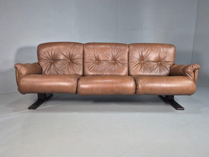 Vintage Danish 3 Seat Sofa Brown Leather Buttoned 1970s Retro MCM EB8314 M3SS