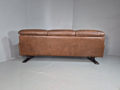 Vintage Danish 3 Seat Sofa Brown Leather Buttoned 1970s Retro MCM EB8314 M3SS