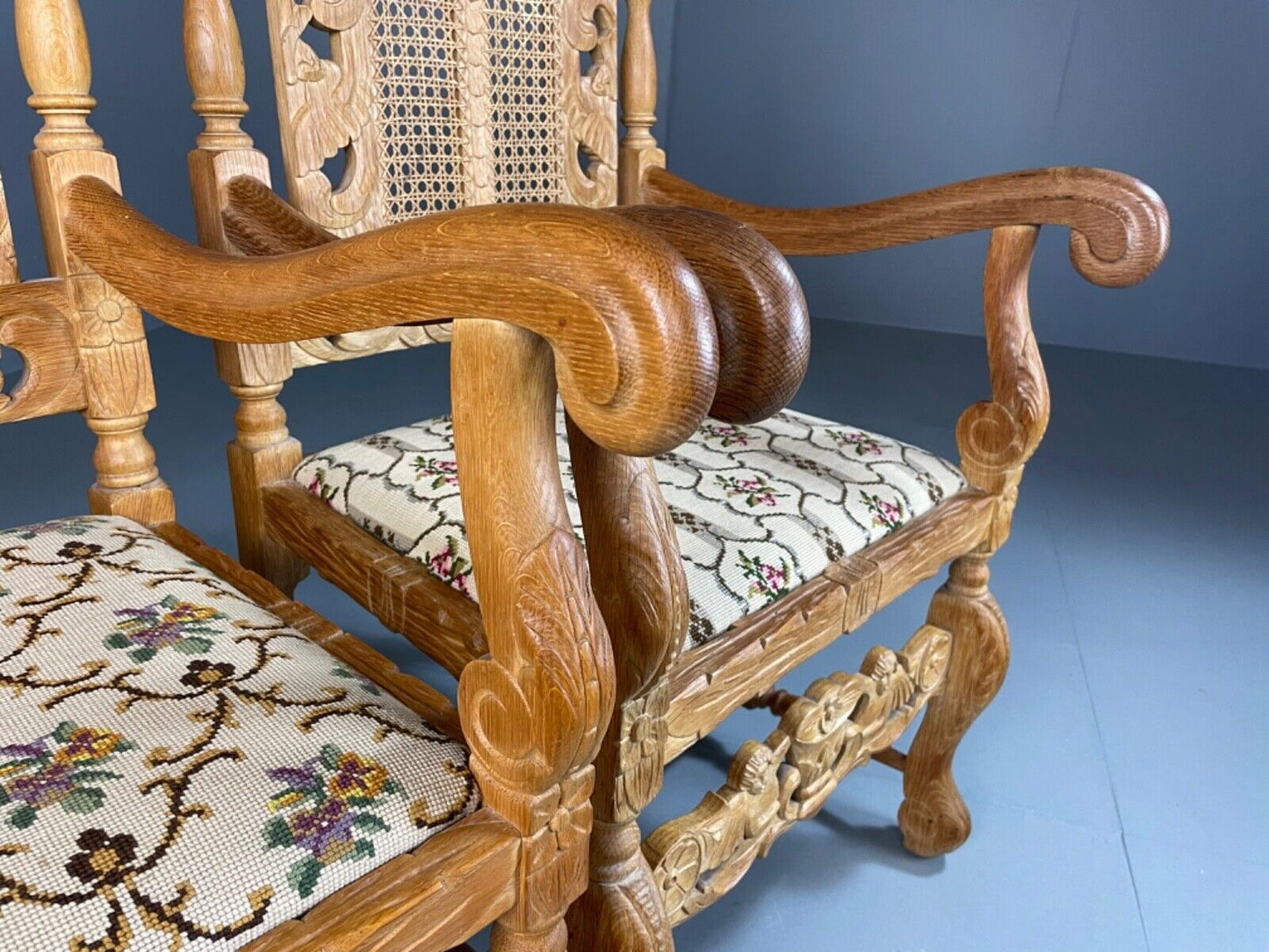 EB5172 2 Vintage Danish Carved Oak Elbow Chairs. Carolean Style, Antique VCAR