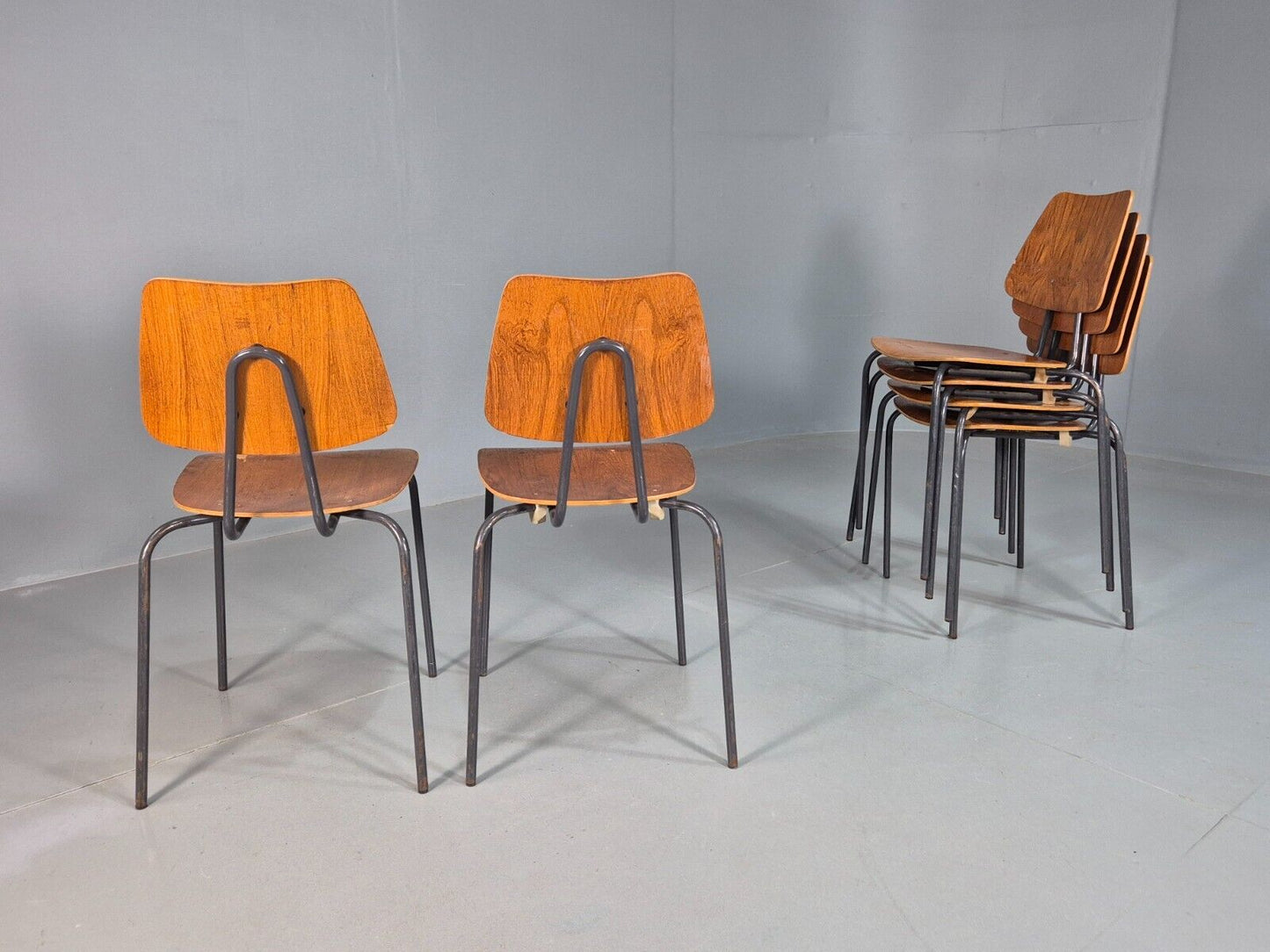 6 Vintage Danish Stacking Chairs Teak Plywood Steel Frame 1960 Retro EB8378 MSTA