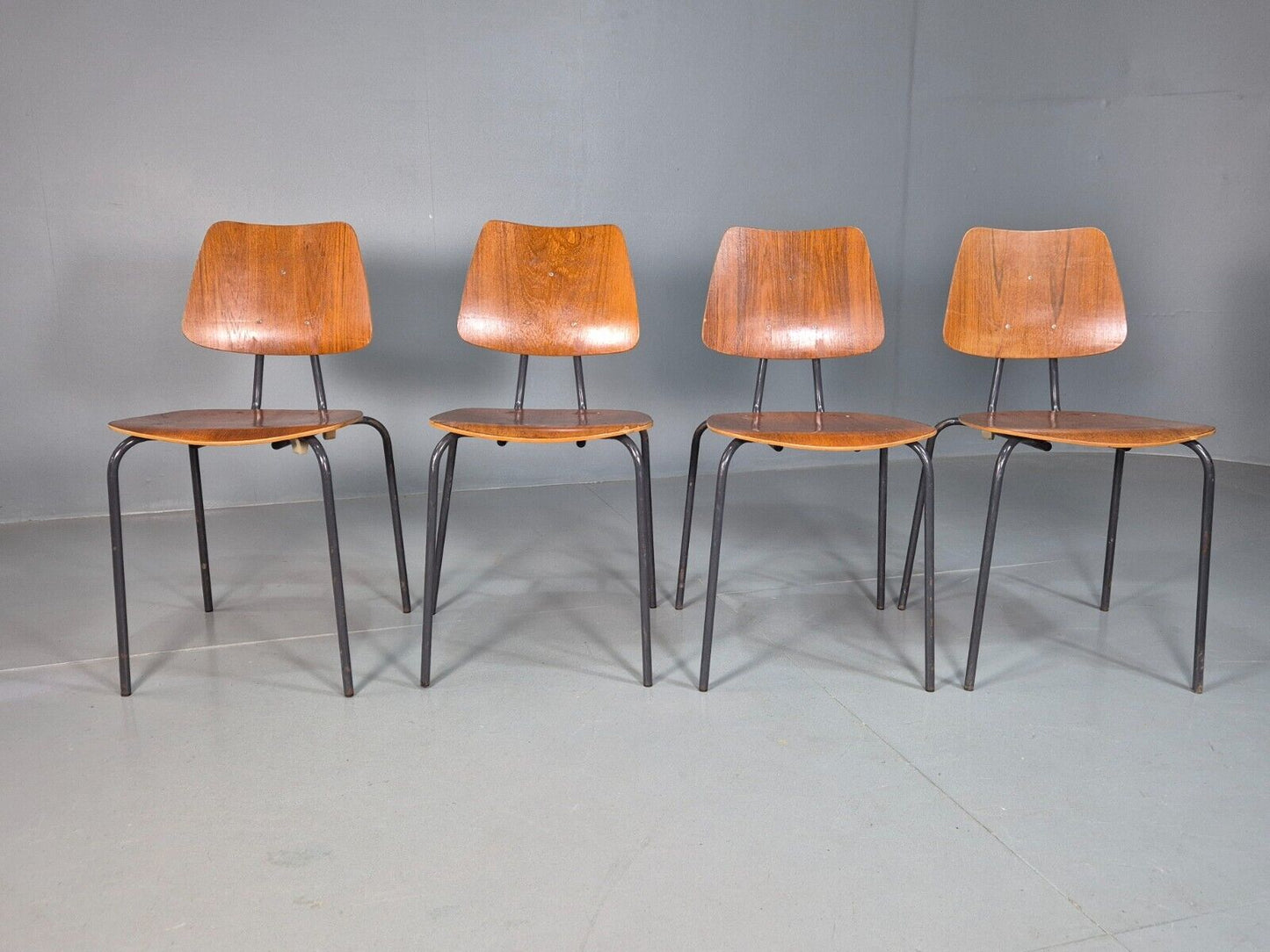 4 Vintage Danish Stacking Chairs Teak Plywood Steel Frame 1960 Retro EB8368 MSTA