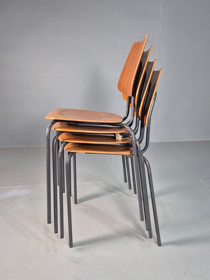 4 Vintage Danish Stacking Chairs Teak Plywood Steel Frame 1960 Retro EB8376 MSTA