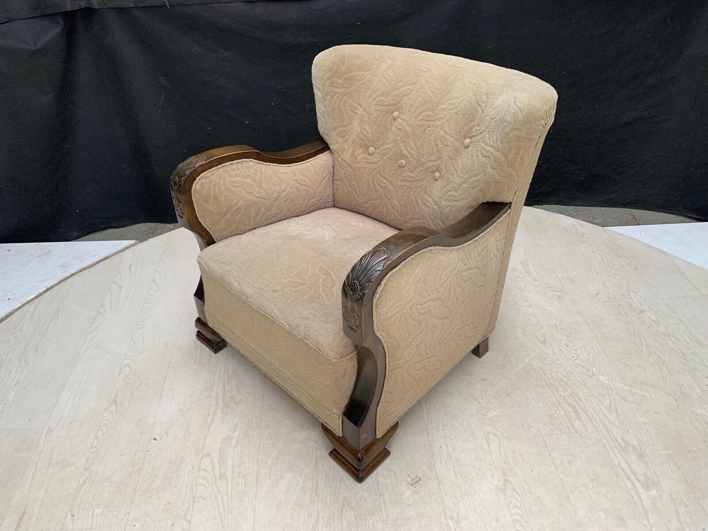 EB2887 Danish Stained Beech & Beige Patterned Fabric Chair Vintage Lounge VCAR