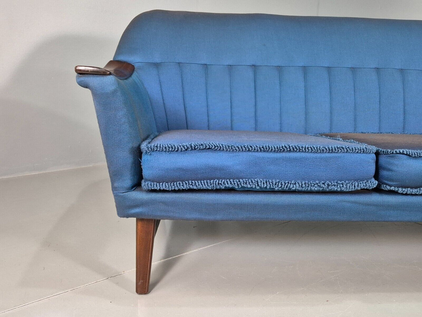 Vintage Swedish 3 Seat Sofa Blue Cotton Wood Arms 1960 Retro MCM EB7594 M3SS