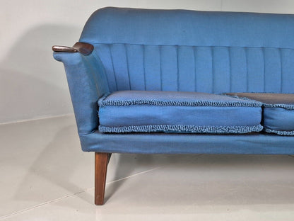 Vintage Swedish 3 Seat Sofa Blue Cotton Wood Arms 1960 Retro MCM EB7594 M3SS