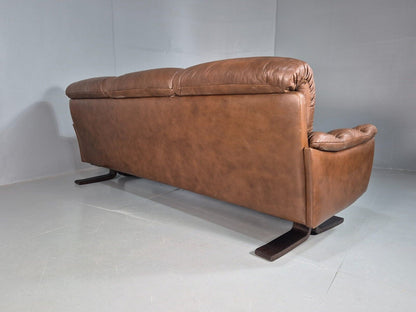 Vintage Danish 3 Seat Sofa Brown Leather Buttoned 1970s Retro MCM EB8314 M3SS