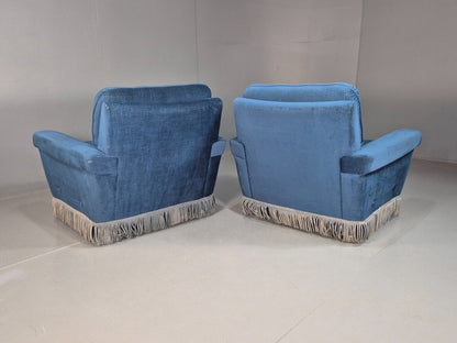 Pair Vintand Danish Blue Velour Armchairs Tassels Chrome Retro EB8021 MNOR