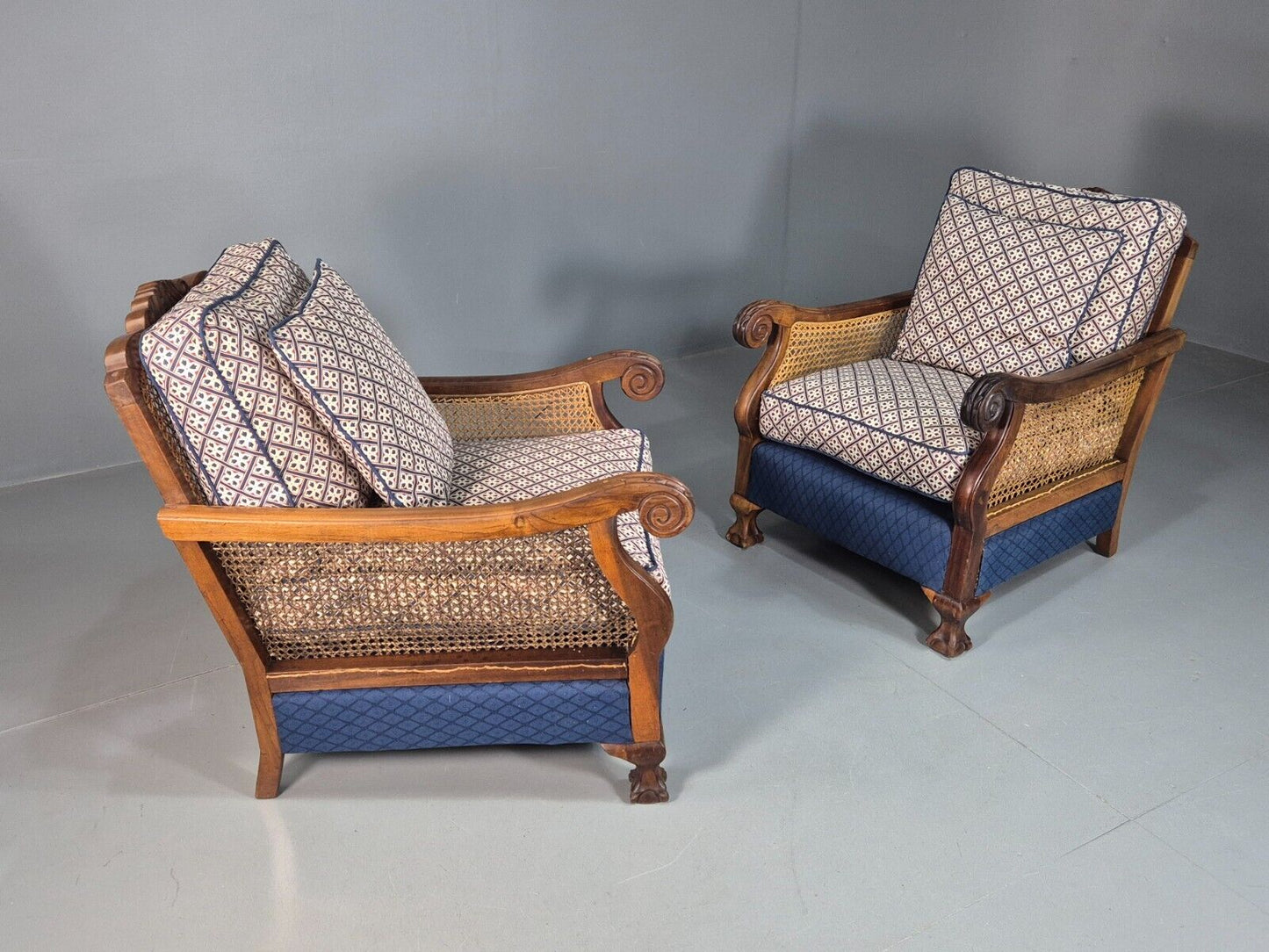 2 Vintage Lounge Chairs Blue Cream upholstery Bergere 1900s Antique EB7881 VBER