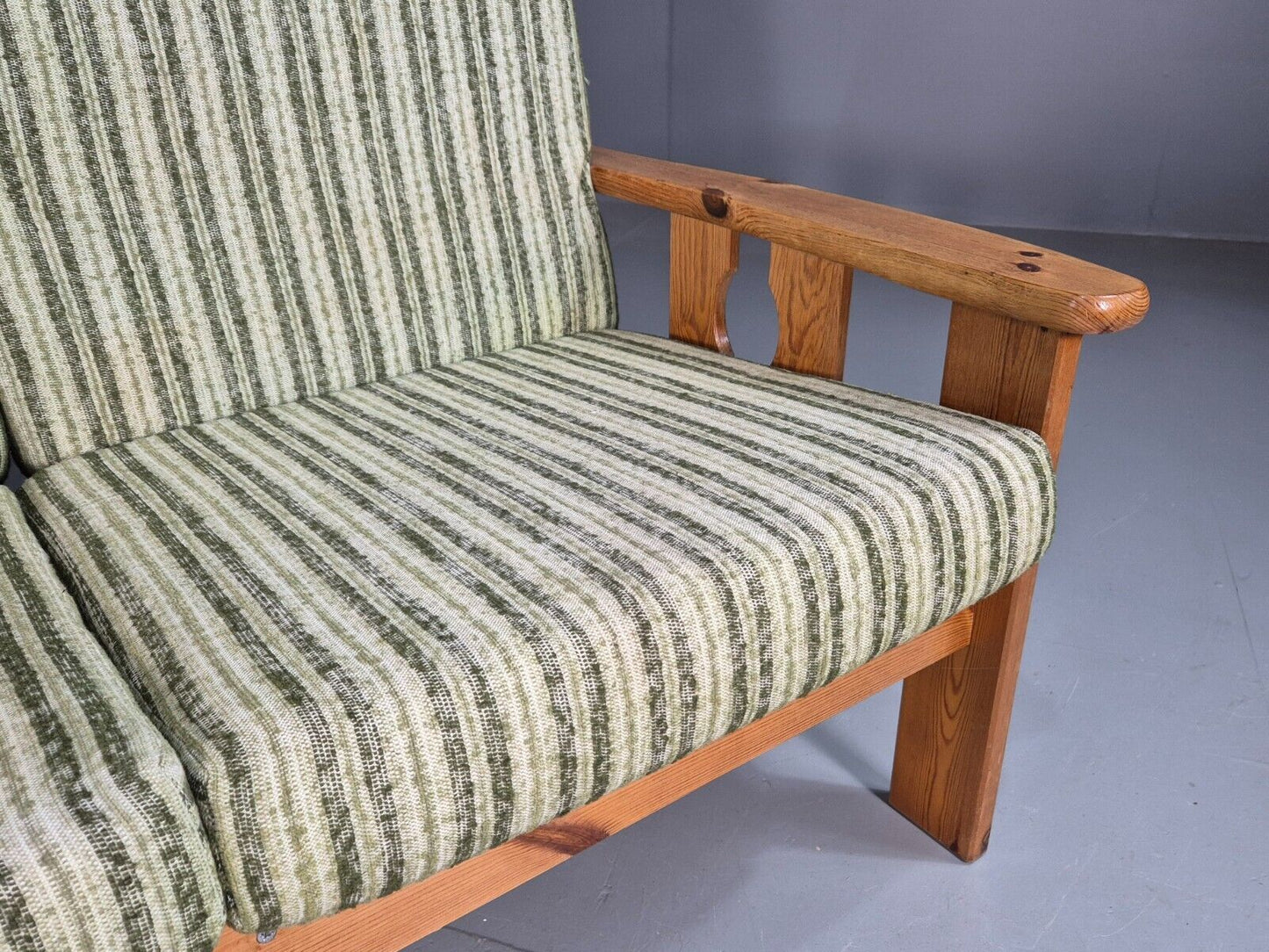 Vintage Danish 3 Seat Sofa Green Cream Wool Pine Frame 1970s Retro EB8211  M3SS