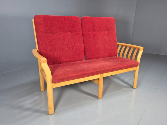 Vintage Danish 2 Seat Sofa REd Chenille Beech Stickback Retro 1980s EB8562 M2SS