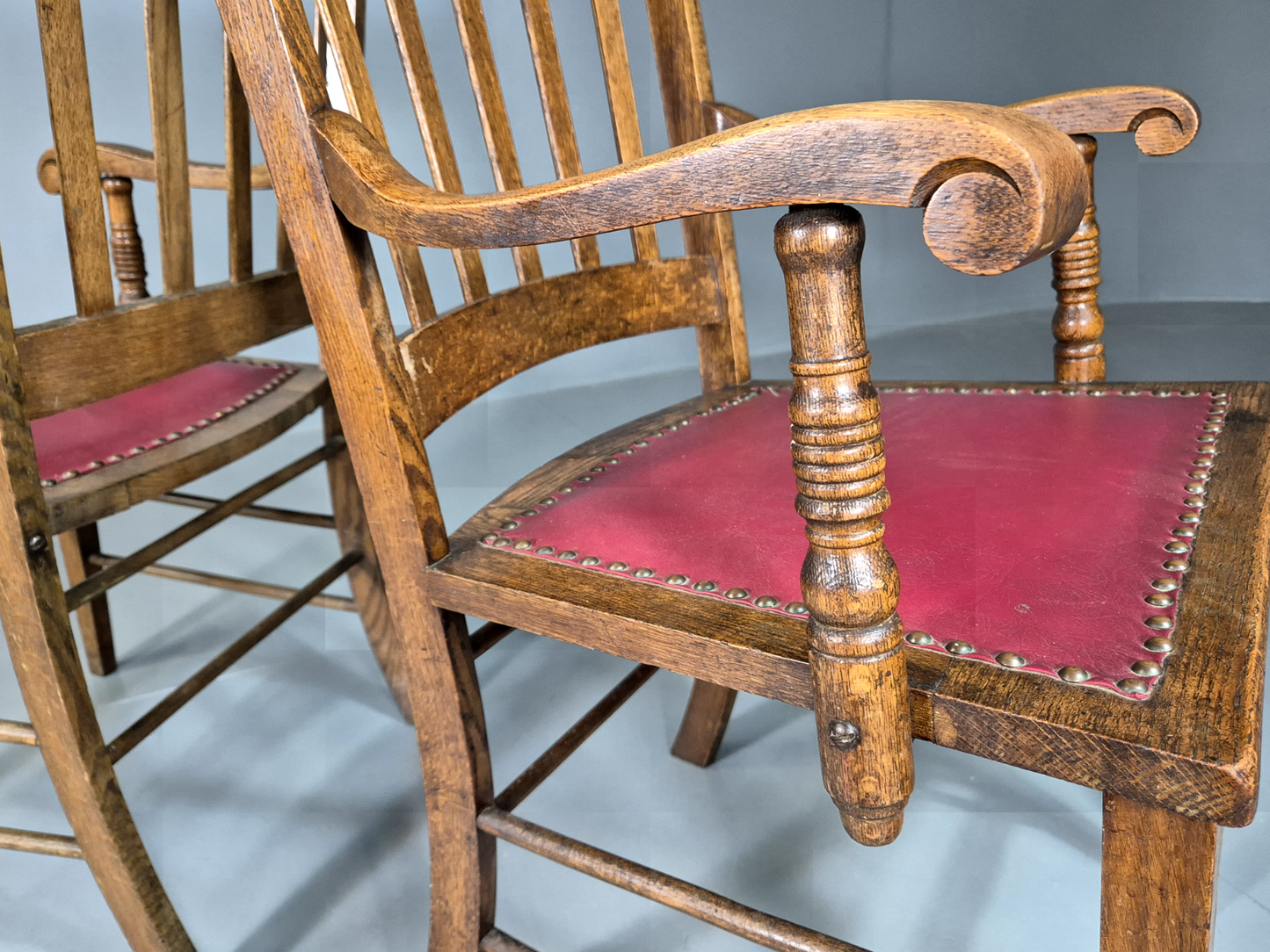 2 Vintage Elbow Chairs Red Leatherette Oak 1920s Retro EB7393 VLEA