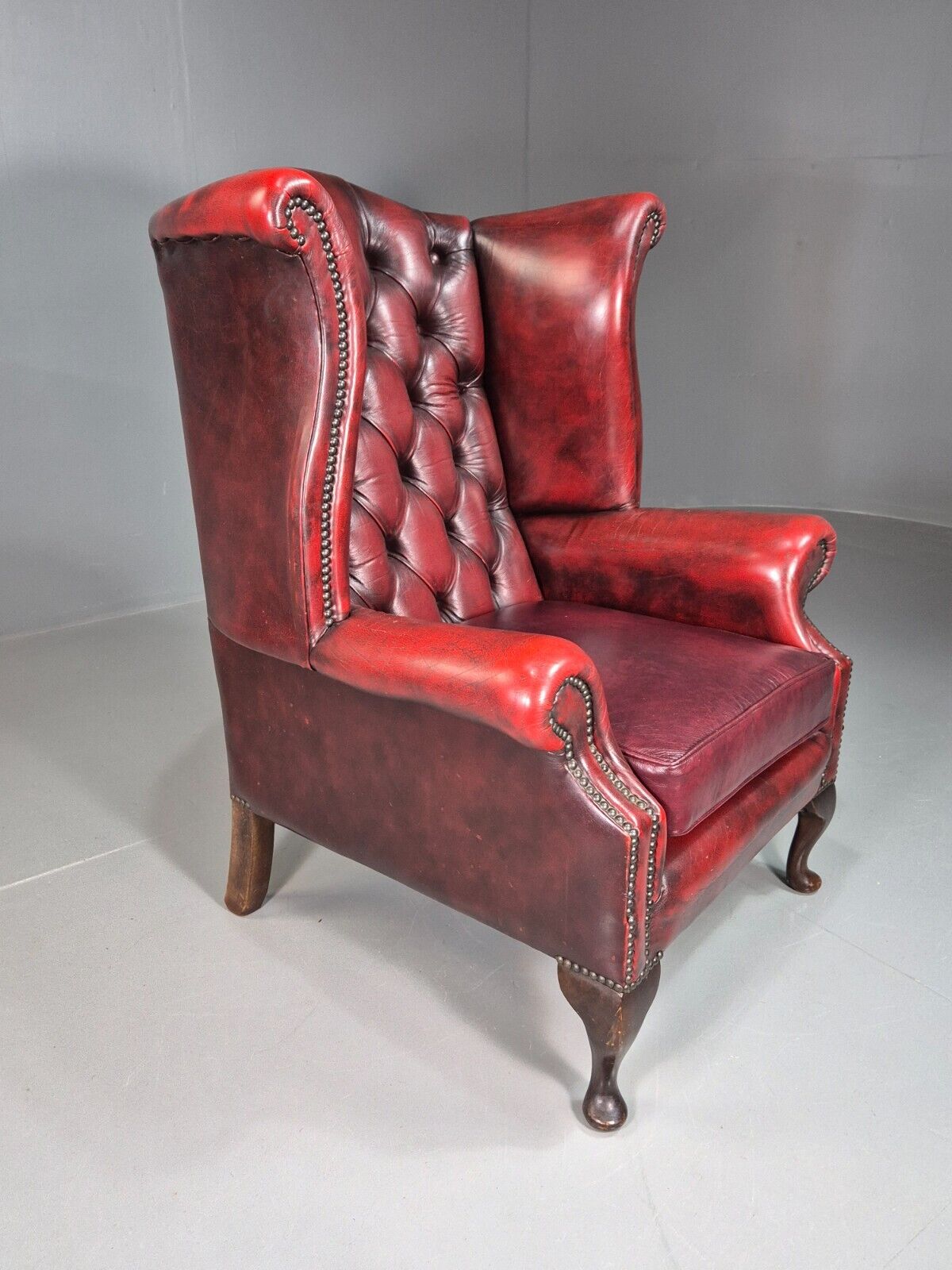 Vintage Wing Back Lounge Chair Red Leather Chesterfield Queen Anne EB7807 VCHE