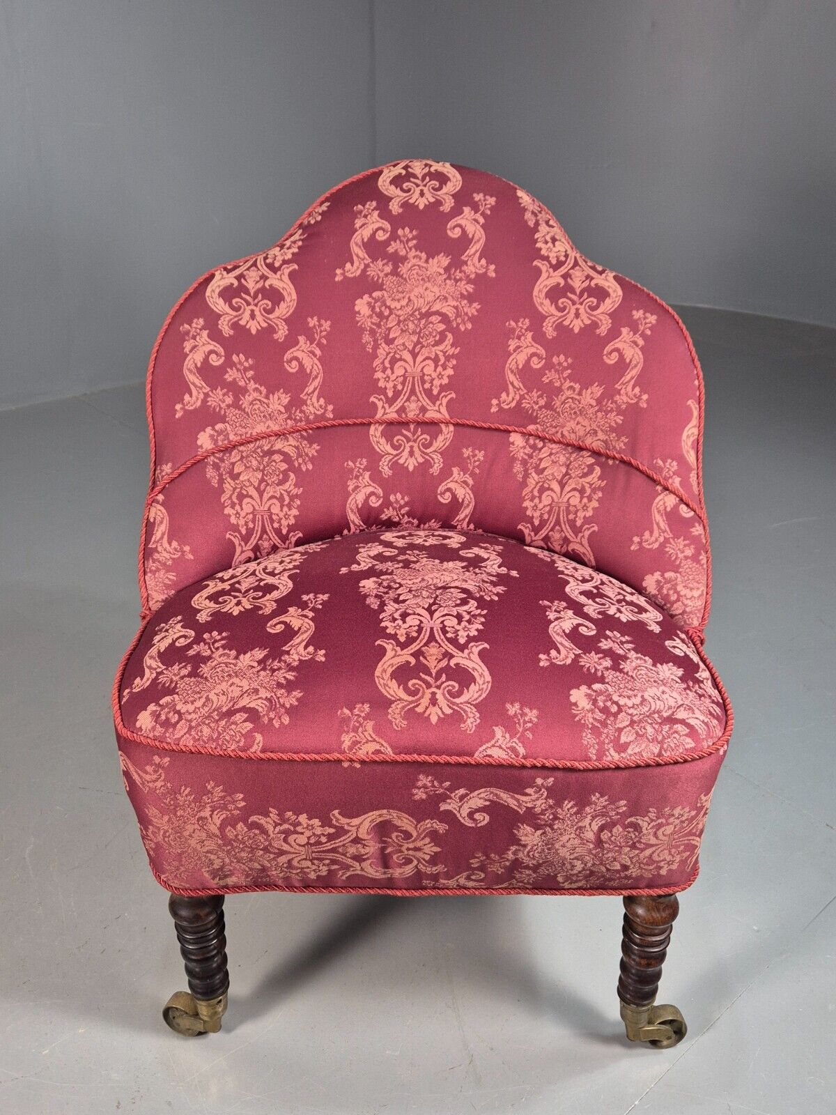 Antique Danish Occasional Chair Pink Satin Floral Motif Oak Brass EB8051 VCLO