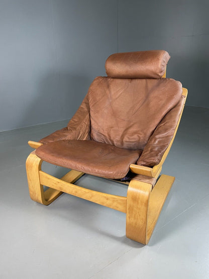 EB6911 Vintage Swedish Lounge Chair Tan Leather Krokken Fribytter Retro MCM MBEN