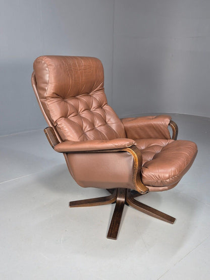 Vintage Danish Brown Leather & Vinyl Bentwood Swivel Chair Retro EB8480 MSWI