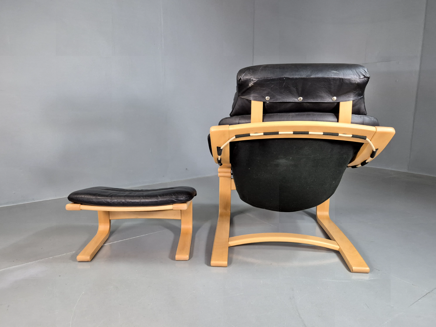 Vintage Danish Lounge Chair Footstool Black Leather Bentwood Retro EB7187 MBEN