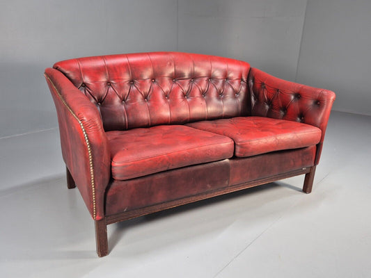 Vintage Danish 2 Seat Sofa Red Leather Chesterfield Style Retro EB8574 VCHE