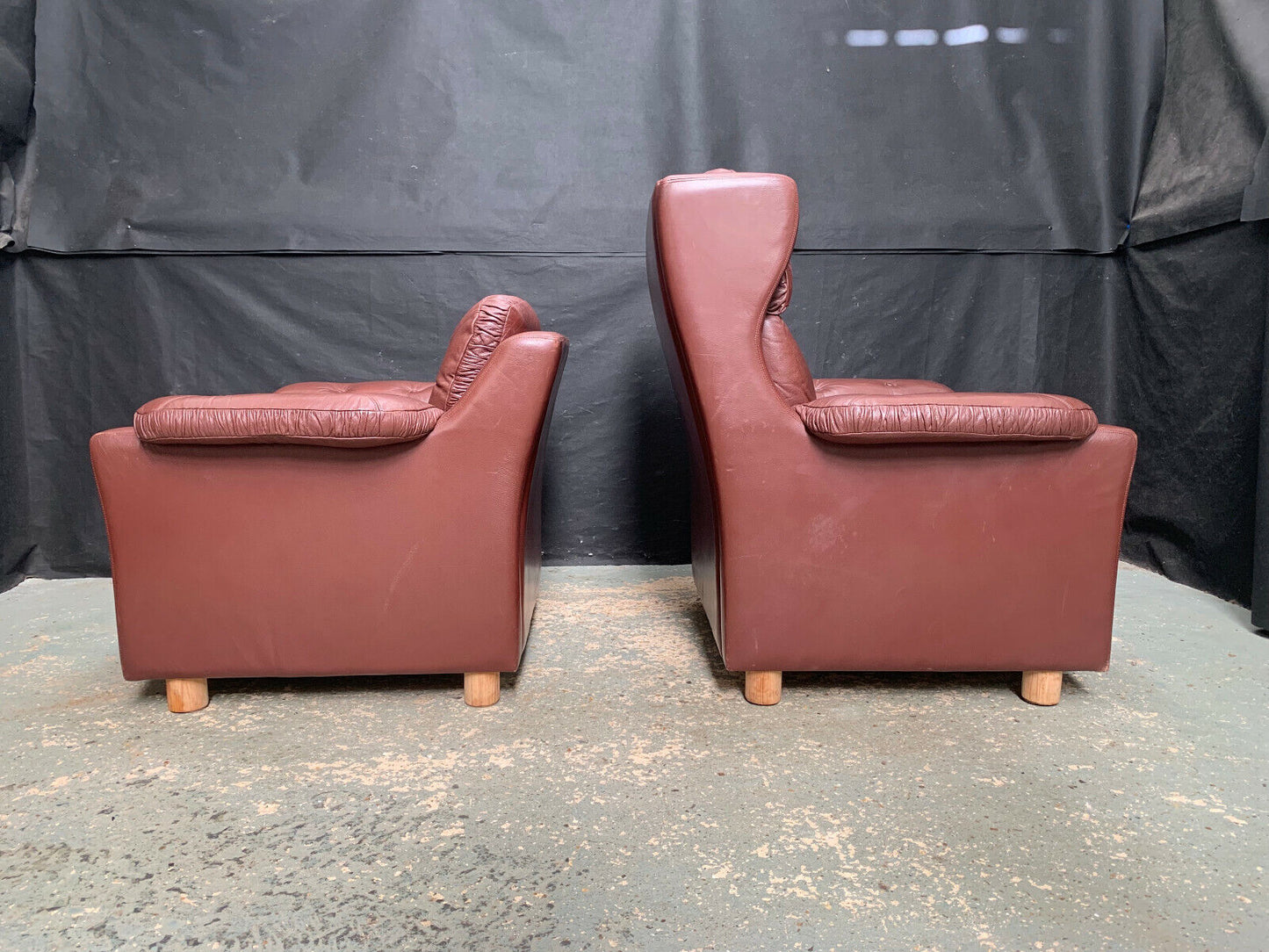 EB1730 Pair of Danish Brown Leather High & Low Back Lounge Chairs Vintage VLEA