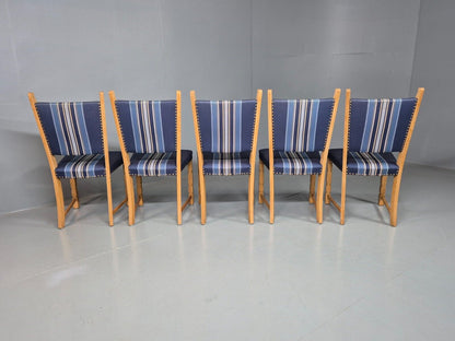 5 Vintage Danish Dining Chairs Blue Wool Oak Frames Kjaernulf Style EB8300 MDIN