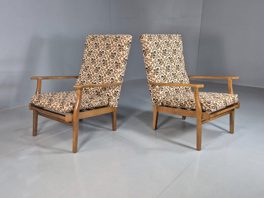 2 Vintage Lounge Chair Floral Upholstery Beech Frame Retro 1960s EB7882 MNOR