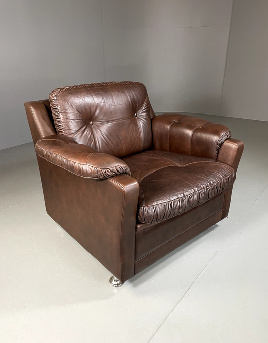 EB5414 Vintage Danish Brown Leather Lounge Chair 1970s, Retro, MCM MNOR